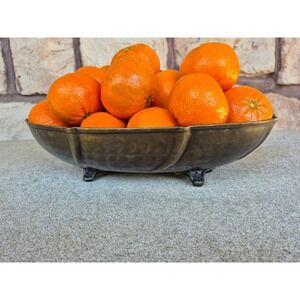 Vintage Hammered Brass Bowl Footed Oval Centerpiece MCM Patina Decor